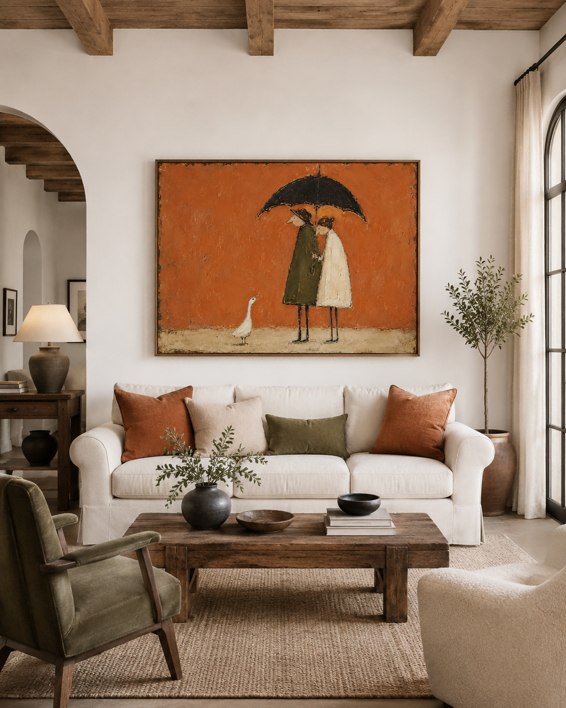 Couple With Umbrella And Goose Hand-Painted Canvas Art In Warm Rust Tones