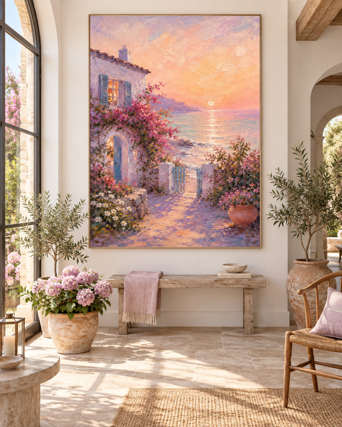 Mediterranean Sunset Cottage Hand-Painted Canvas Art With Pink Flowers