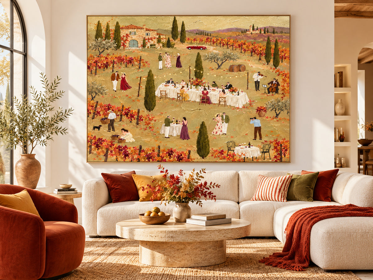 Tuscan Vineyard Dinner Party Hand-Painted Canvas Wall Art In Warm Autumn Colors