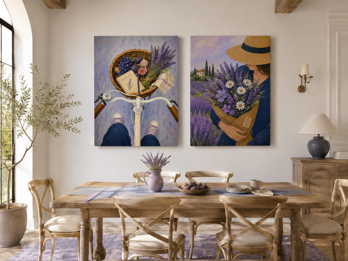 Lavender Field And Bicycle Hand-Painted Canvas Art Set With Figs