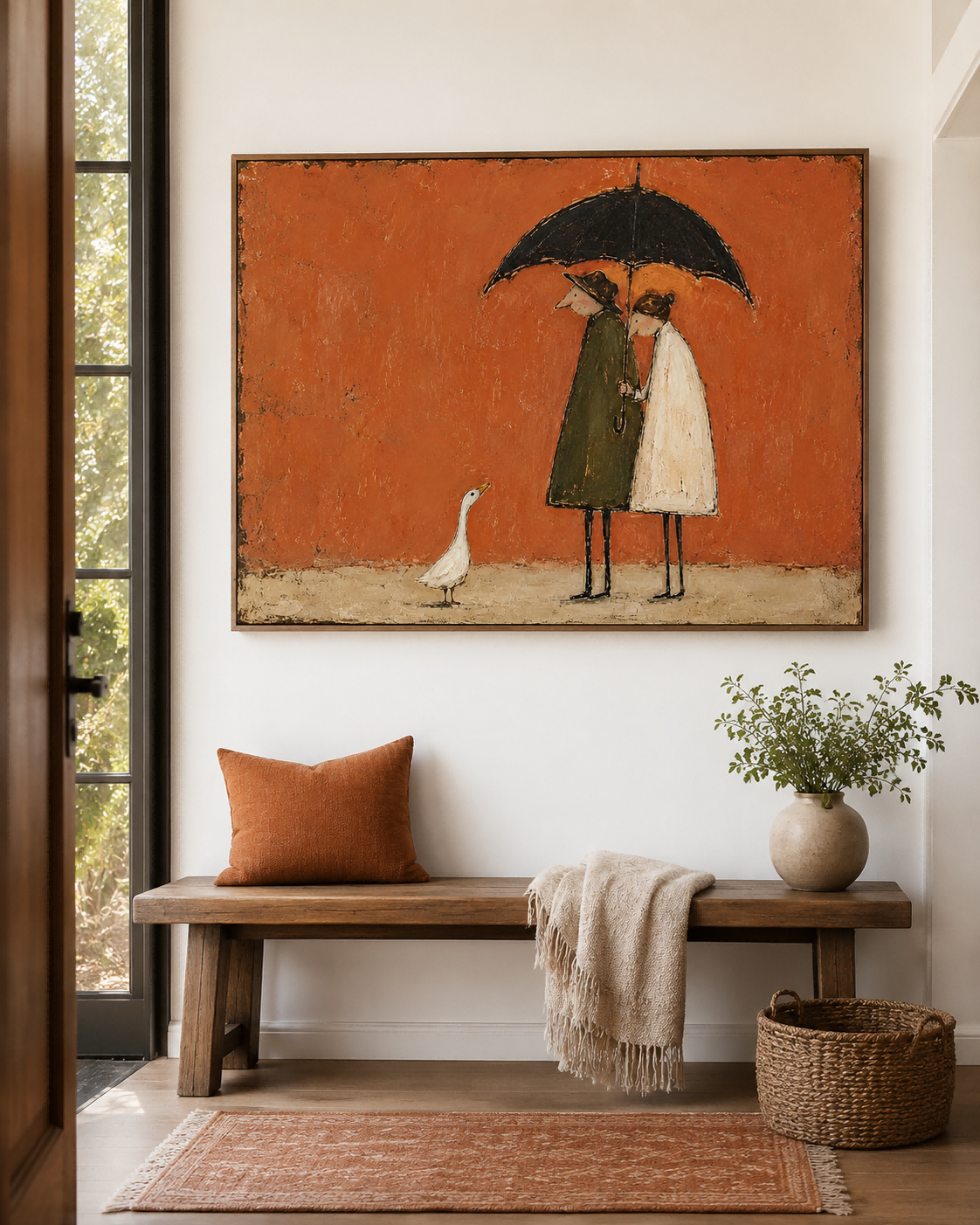 Couple With Umbrella And Goose Hand-Painted Canvas Art In Warm Rust Tones