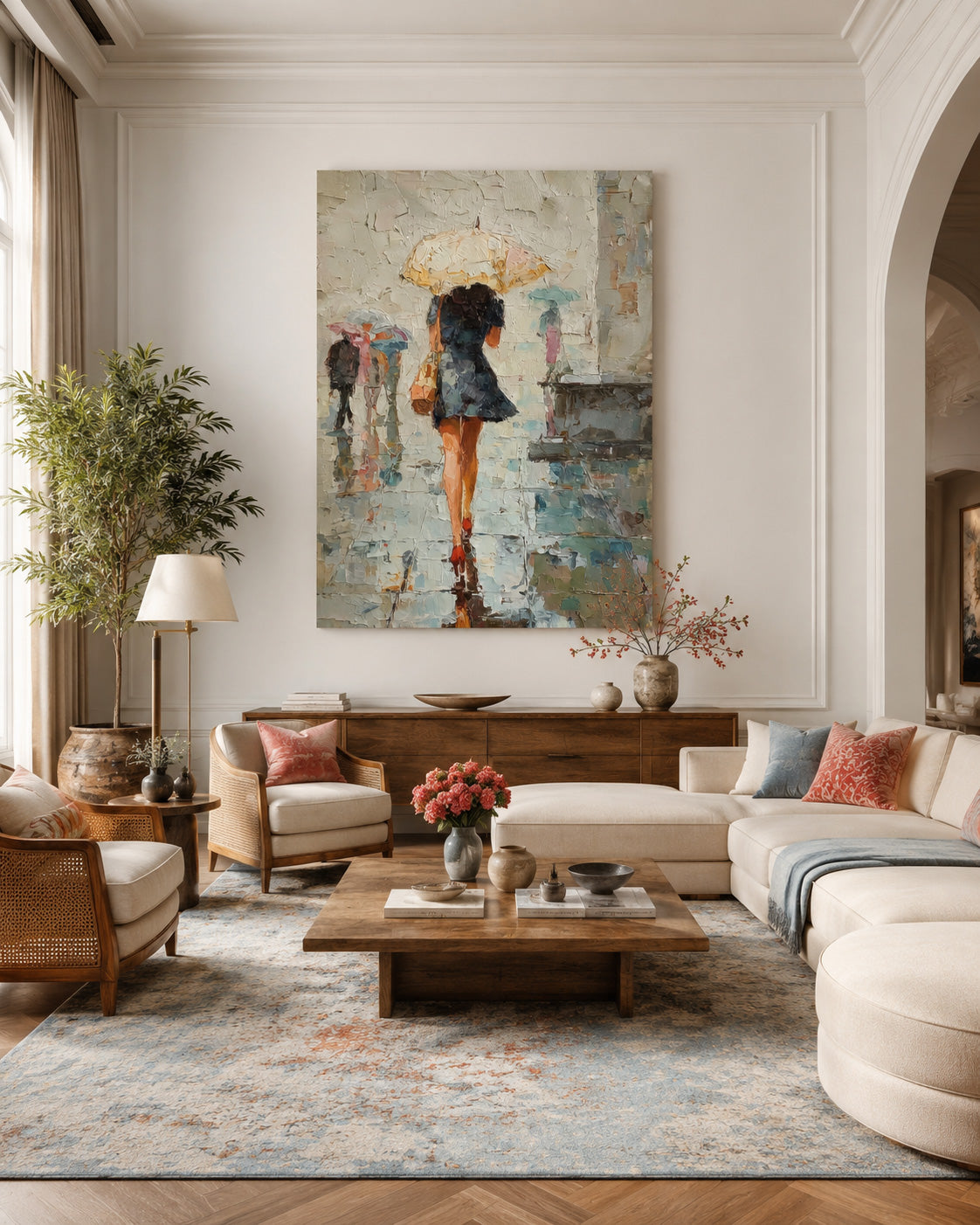 Rainy City Street Oil Painting Of Woman With Umbrella For Modern Home Decor