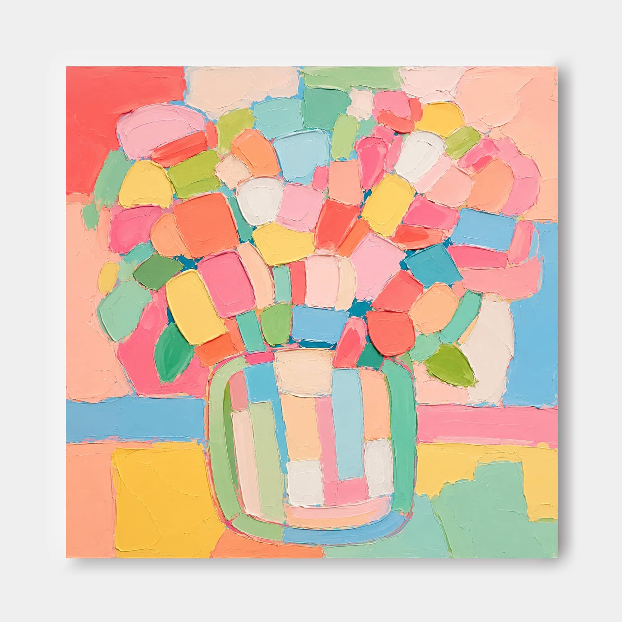 Abstract Floral Still Life Canvas Painting With Macaron Colors And Impasto Texture Contemporary Collage Style Oil Painting With Textured Geometric Flower Patterns