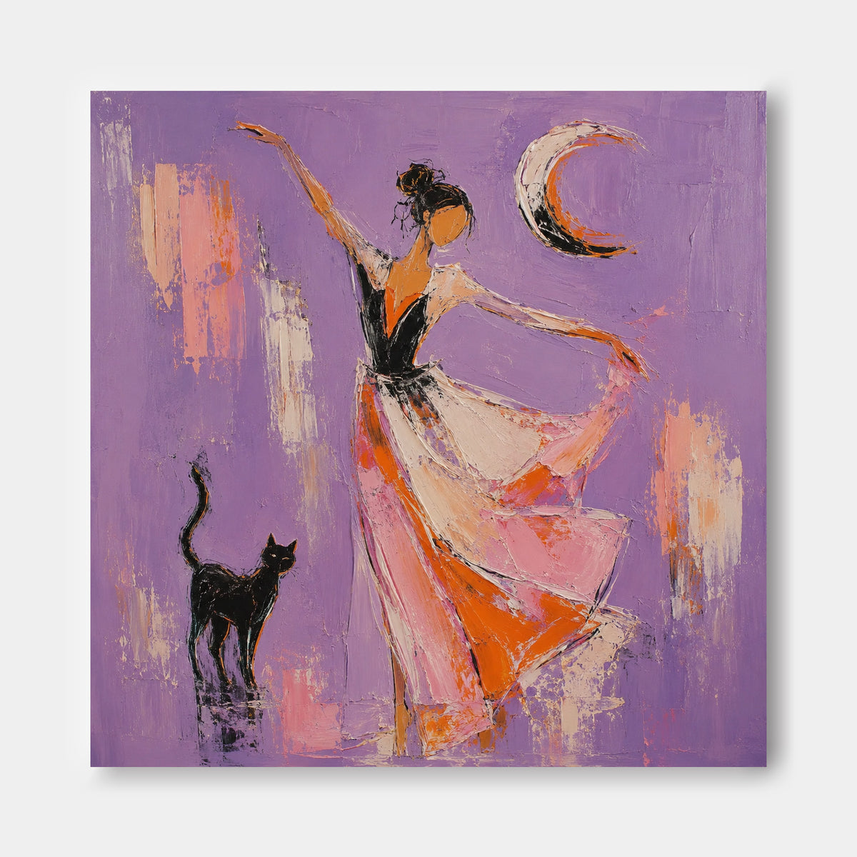 Dancing Woman With Black Cat Moon Abstract Canvas Painting
