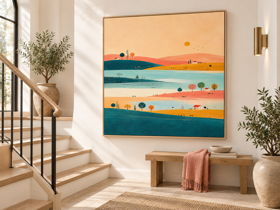 Hand-Painted Minimalist Landscape Canvas Art With Sunset Hills