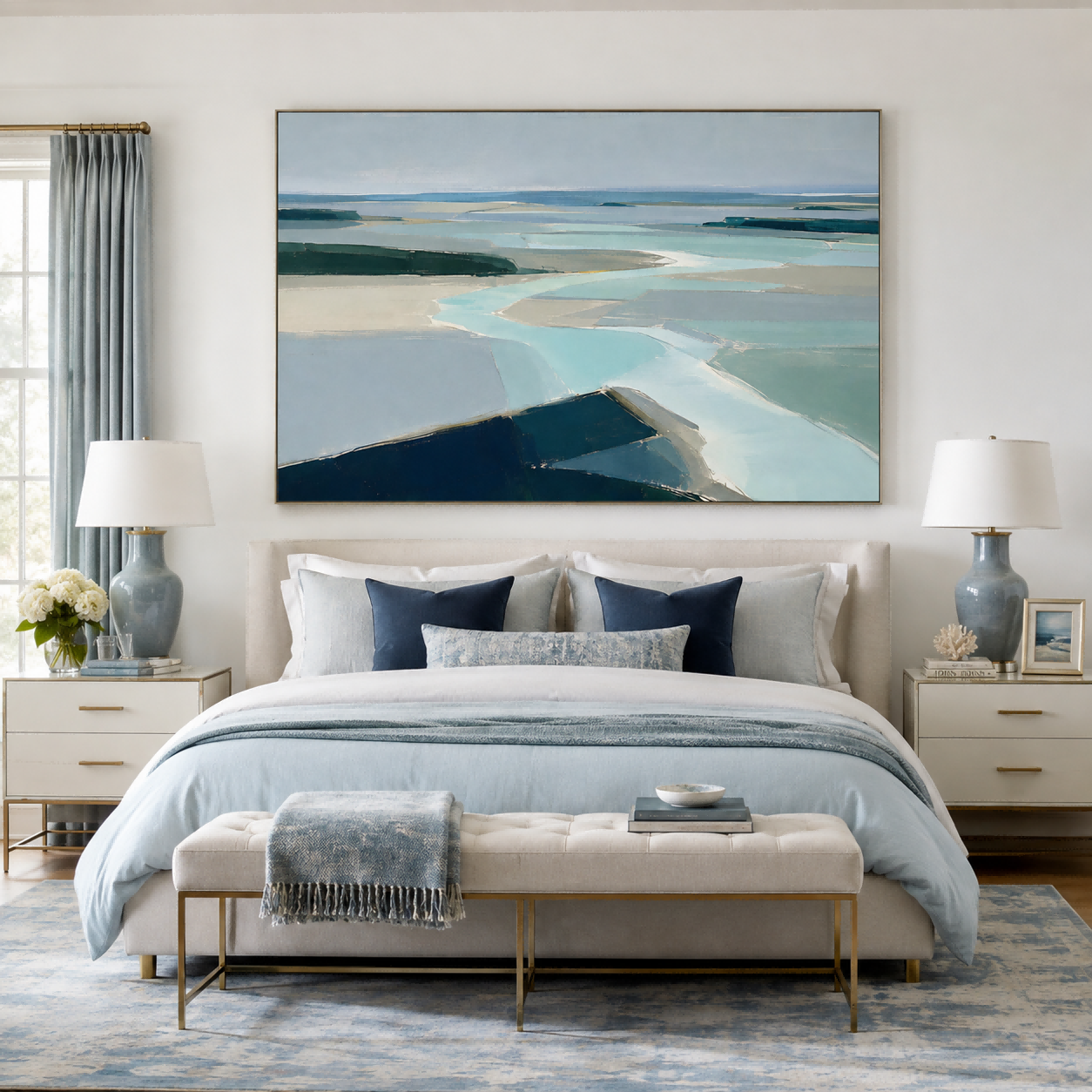 Modern Abstract Landscape Painting With Cool Blue Tones For Living Room Decor