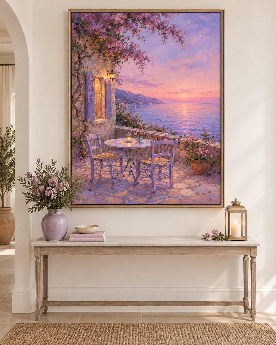 Modern Impressionist Oil Painting Of Dreamy Pink Purple Twilight Seascape