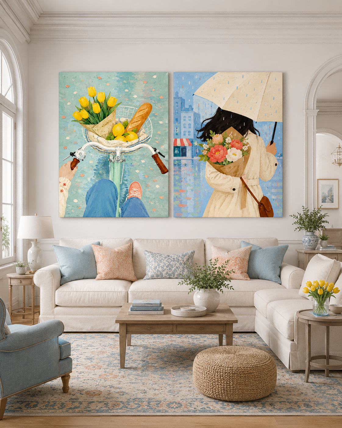 Hand-Painted Floral And City Life Diptych Canvas Art With Yellow Tulips
