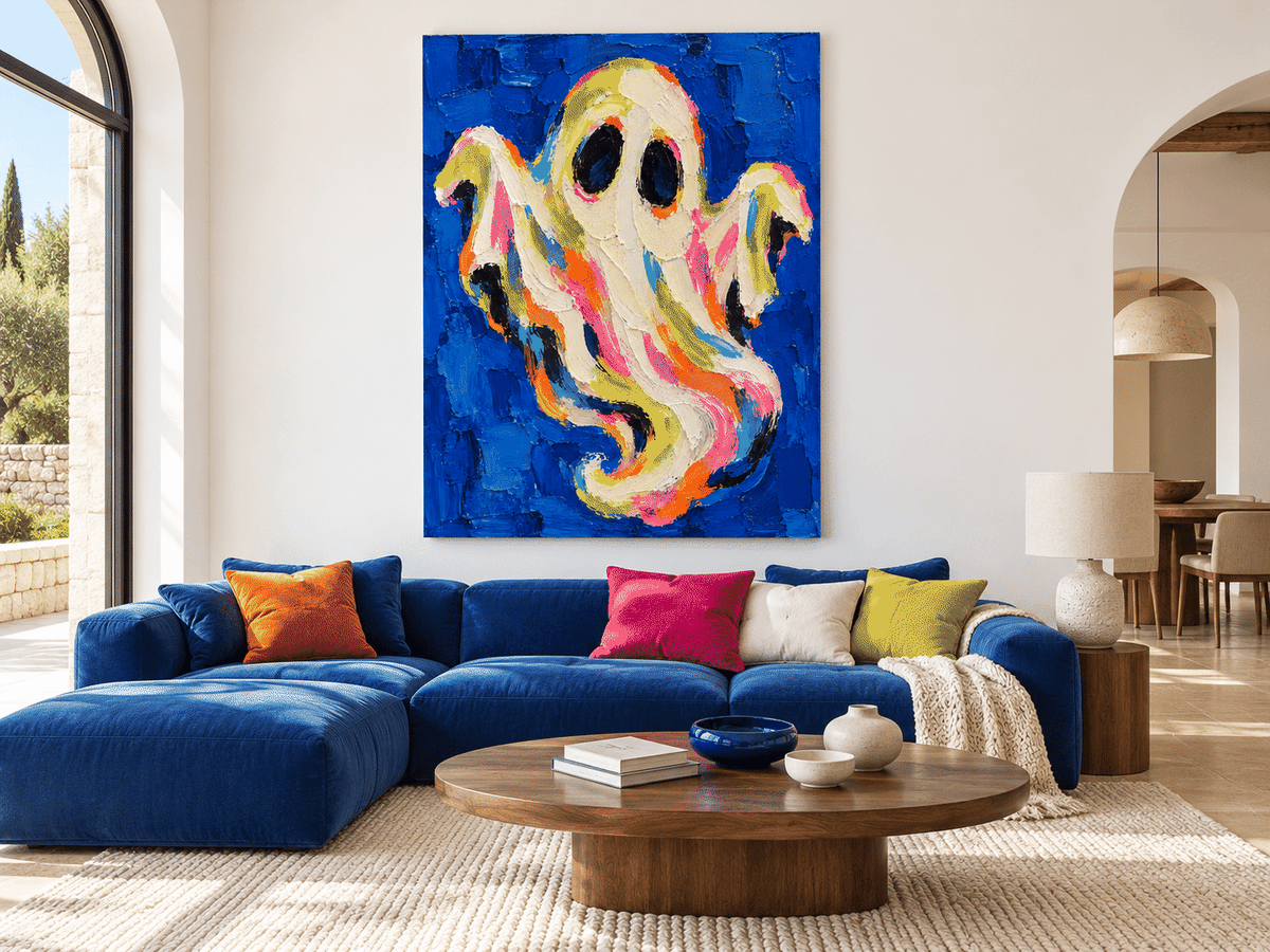 Hand-Painted Neon Ghost Abstract Art On Deep Blue Canvas