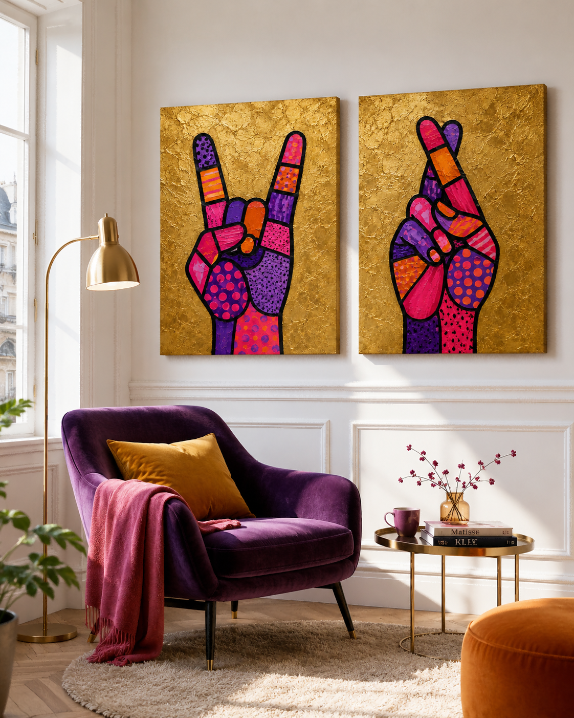 Pop Art Hand Gestures Canvas Painting Set With Gold Background