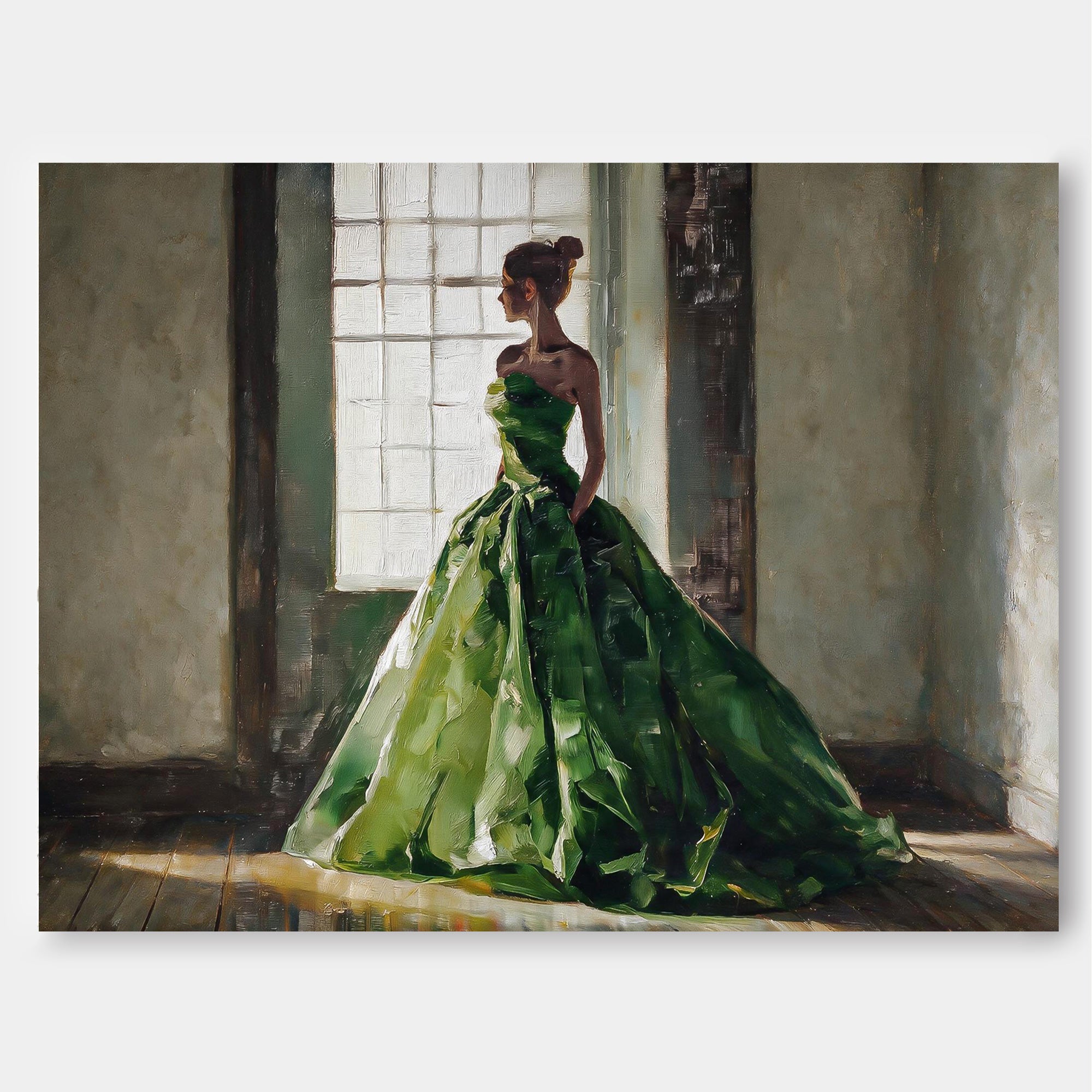 Expressive Portrait Of Lady By Window With Textured Green Dress