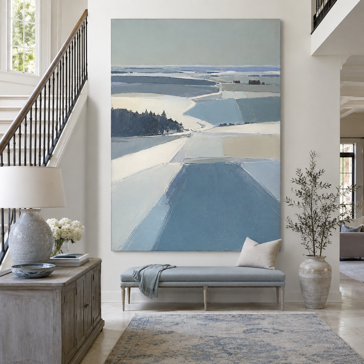 Modern Minimalist Winter Landscape Painting With Ice Blue Tones For Living Room Geometric Abstract Art