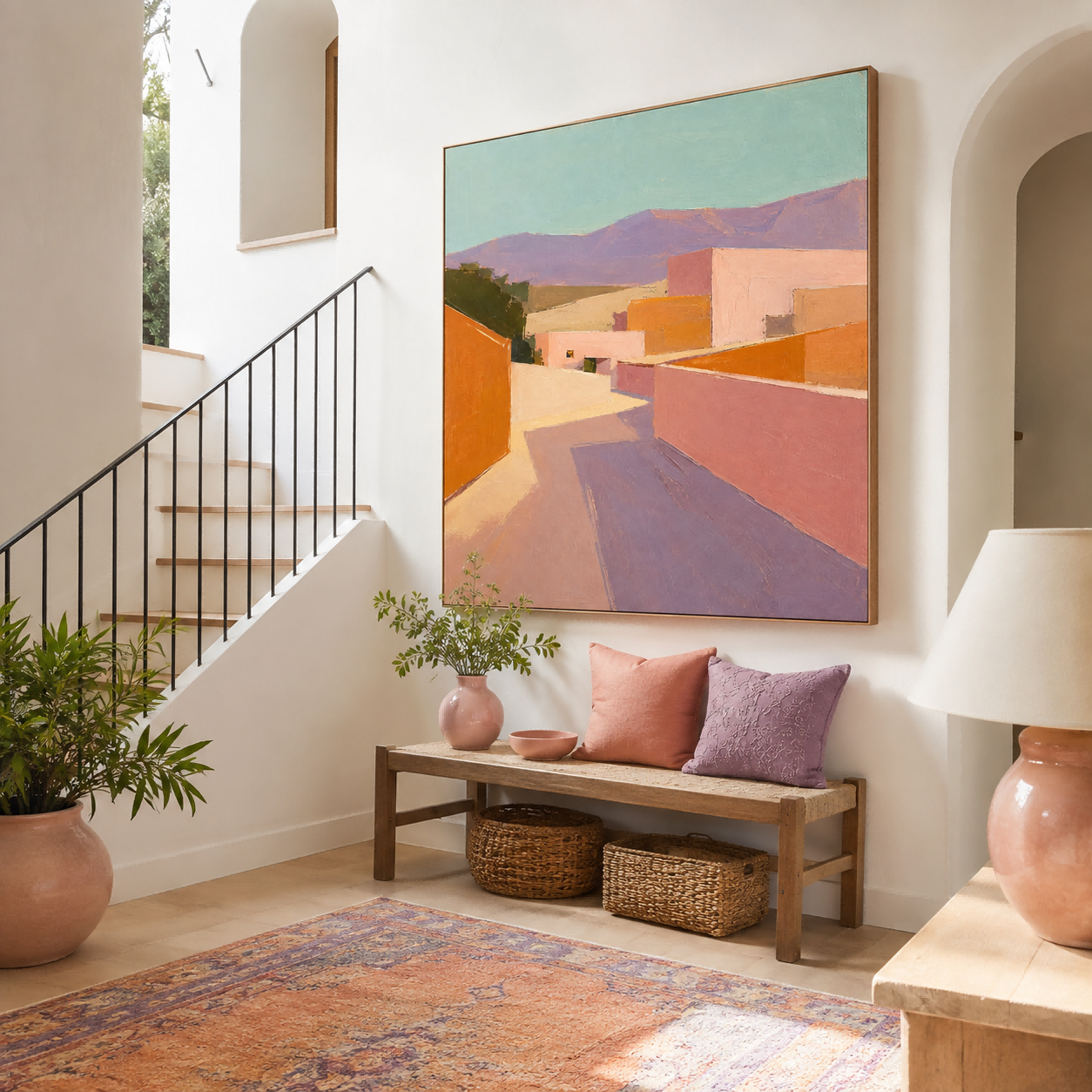 Modern Abstract Town Painting With Warm Tones For Contemporary Home Decor