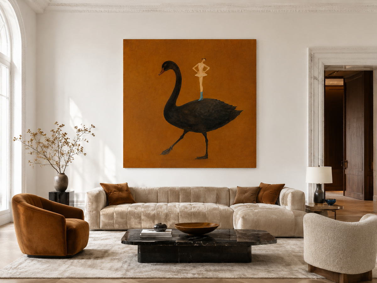 Surrealist Fashion Illustration Original Painting On Canvas Ochre Background Ballerina And Black Swan Hand-Painted Canvas Art In Warm Brown Tones