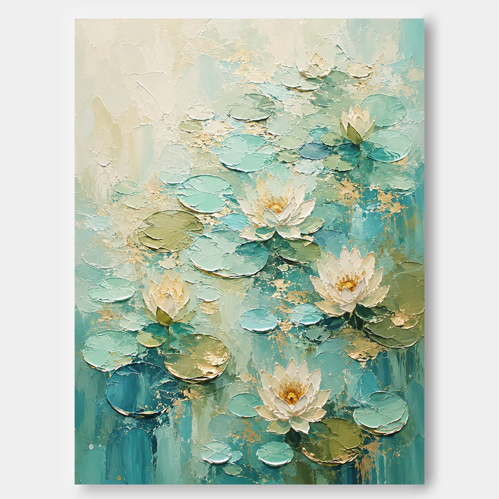 Modern Abstract Impasto Art Inspired By Monets Garden With Teal And White Tones