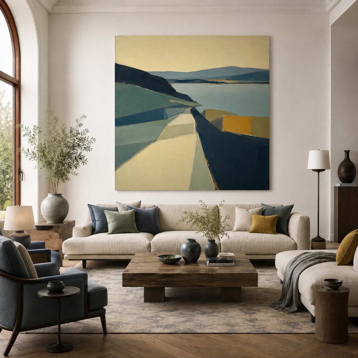 Modern Abstract Landscape Painting With Geometric Forms For Living Room Decor