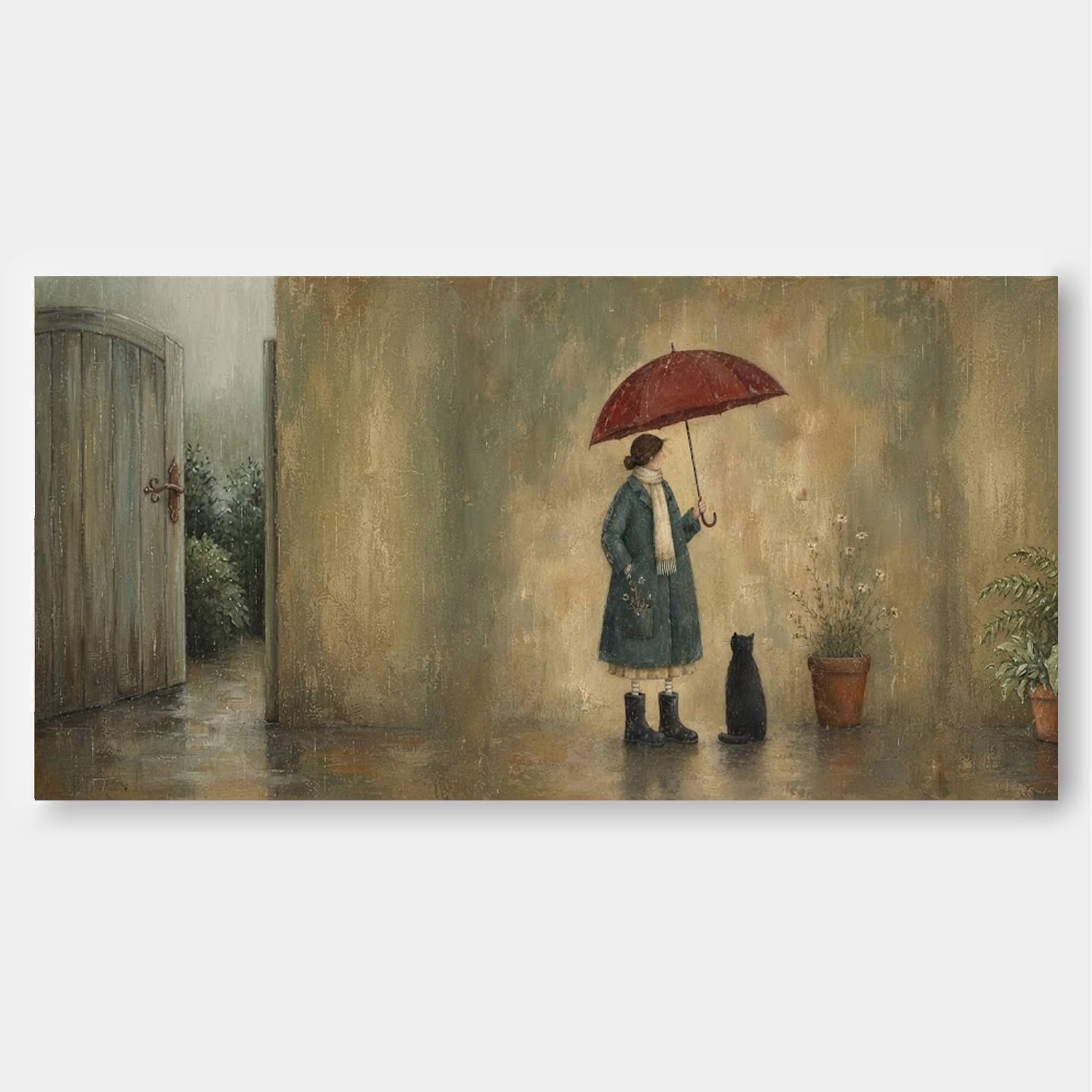 Serene Woman With Umbrella And Black Cat Horizontal Canvas Art For Quiet Spaces
