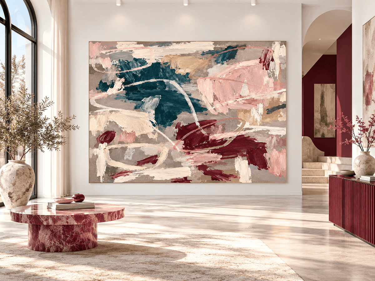 Hand-Painted Abstract Canvas Art With Crimson And Teal Textured Brushstrokes