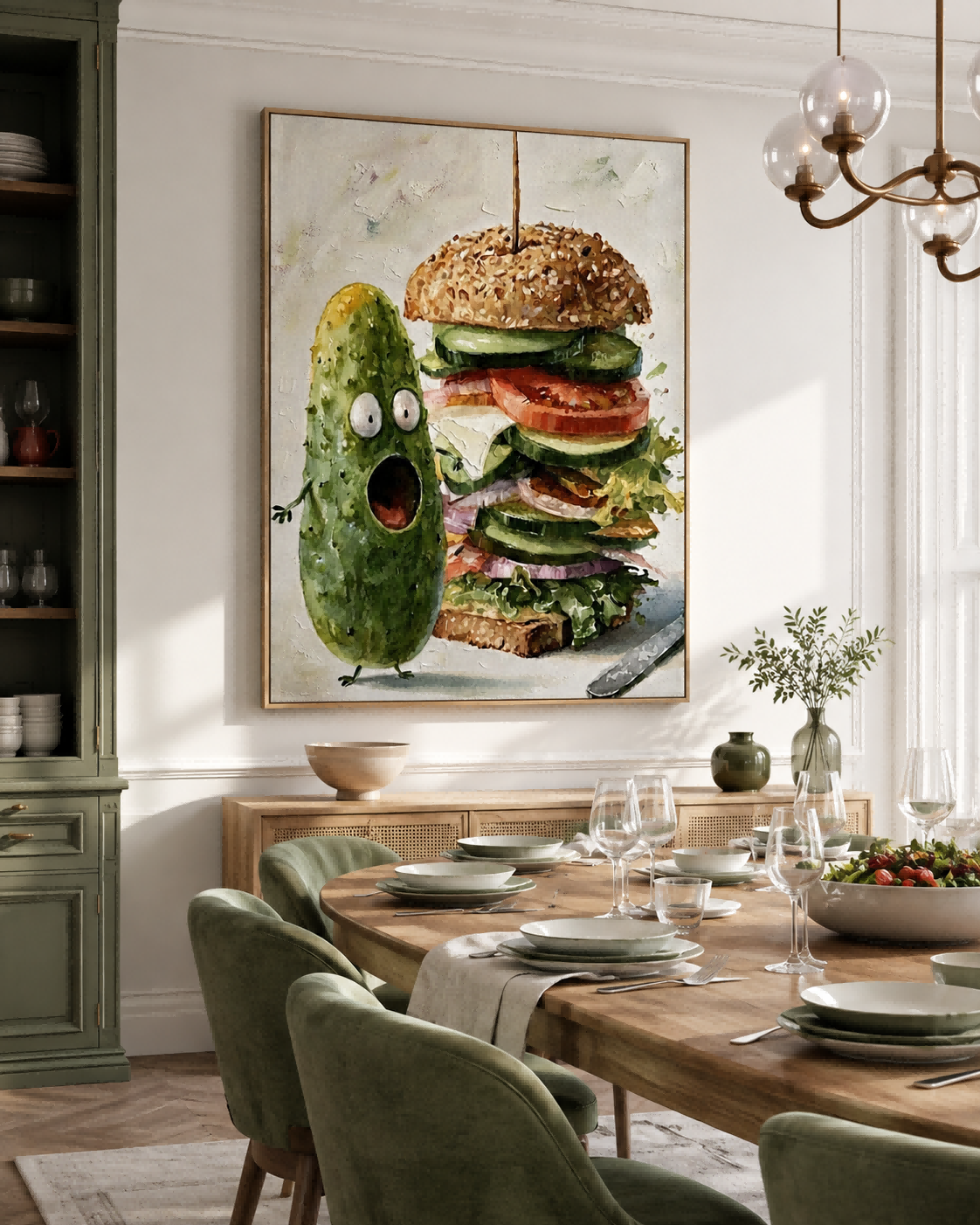 Whimsical Pickle And Sandwich Food Art For Modern Kitchen Wall Decor