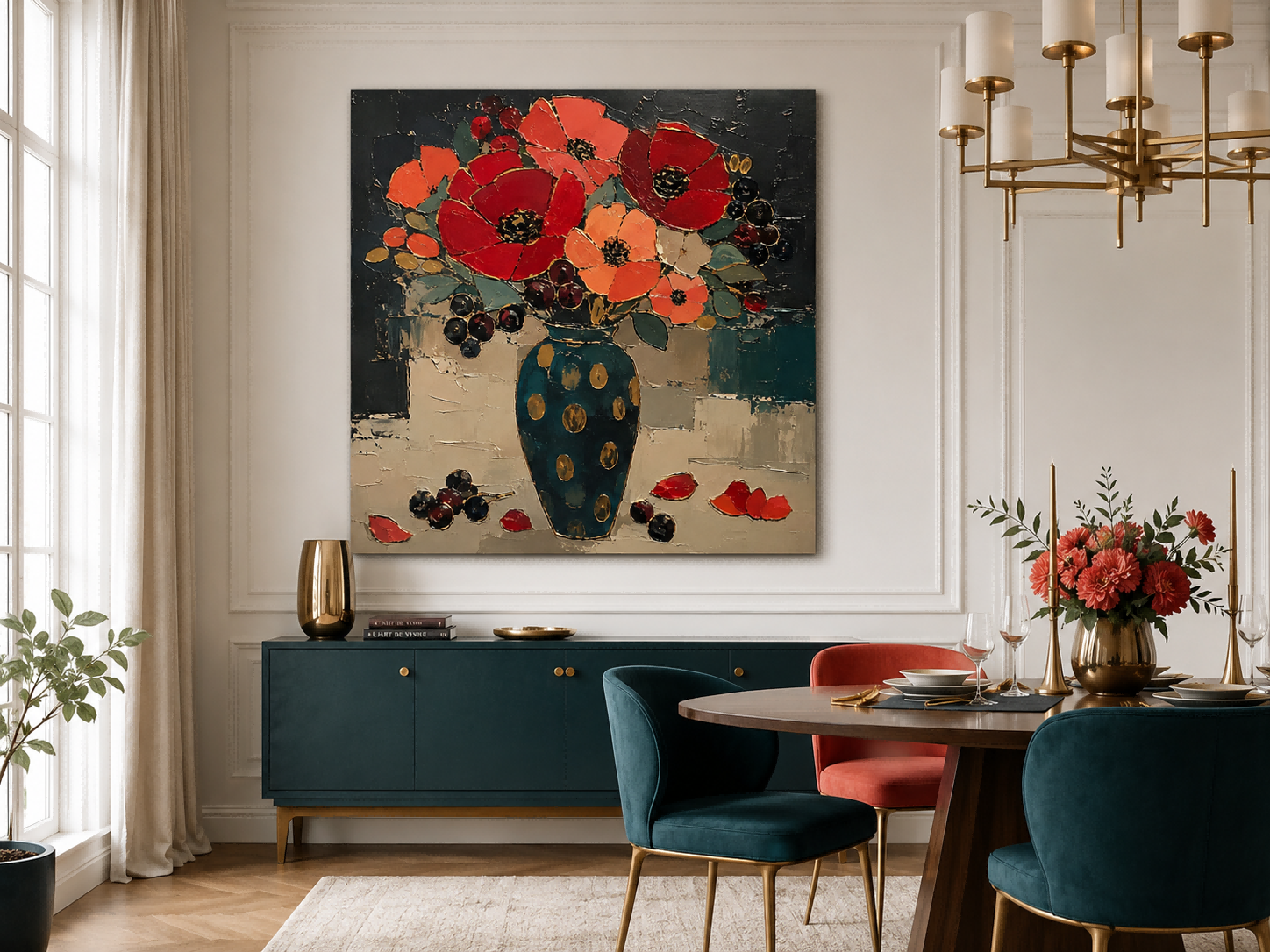 Hand-Painted Red Poppies And Teal Vase Abstract Floral Canvas Art With Gold Accents Abstract Expressionist Red Flower Painting With Impasto Technique And Vintage Charm
