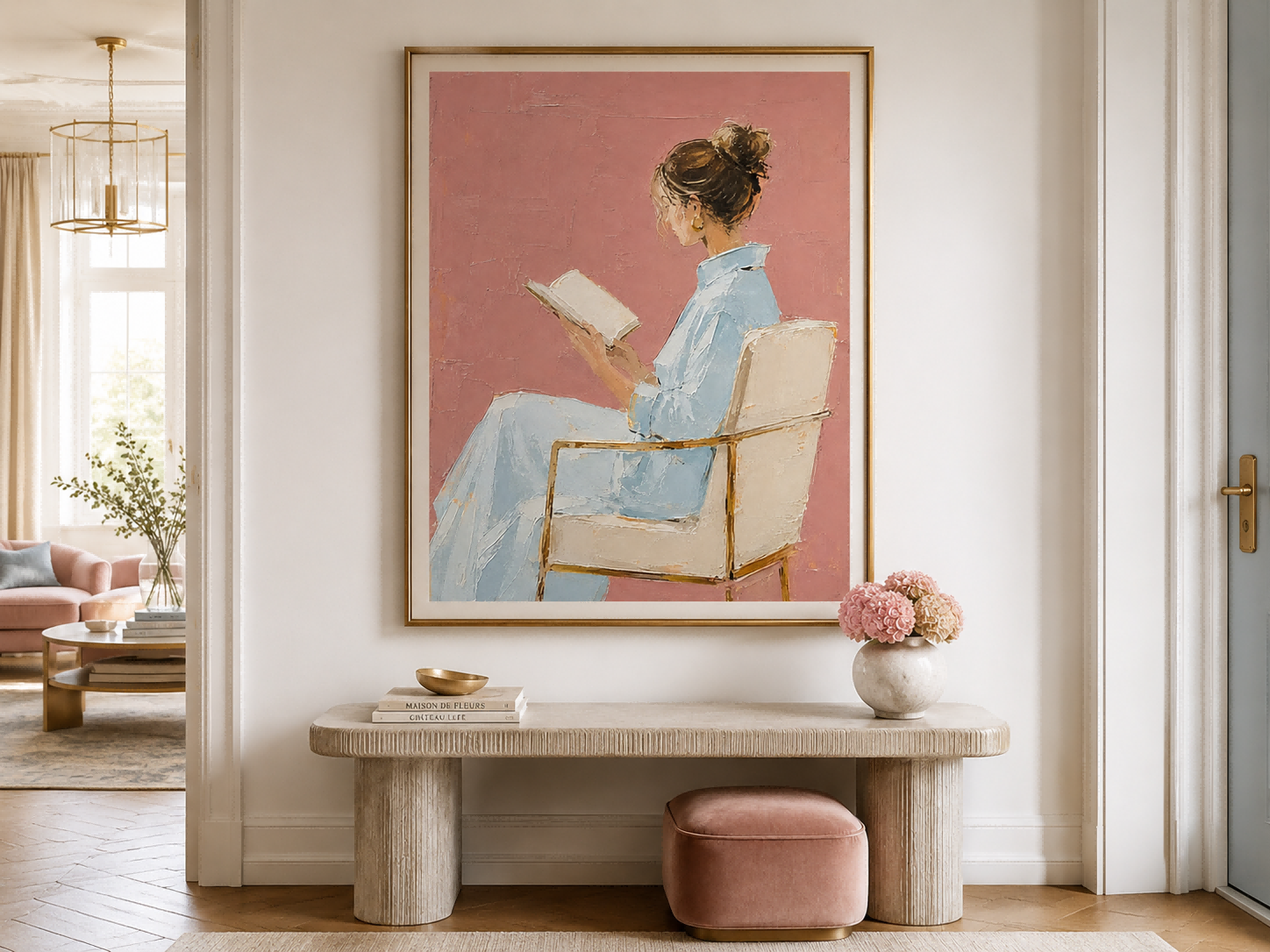 Modern Minimalist Oil Painting Of Lady Reading In Blue Dress With Pink Background
