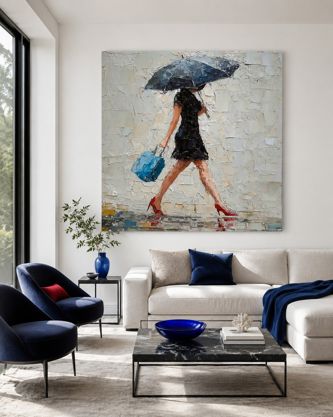 Rainy Day Romance Abstract Figure Painting Red Heels And Blue Bag Square Wall Art