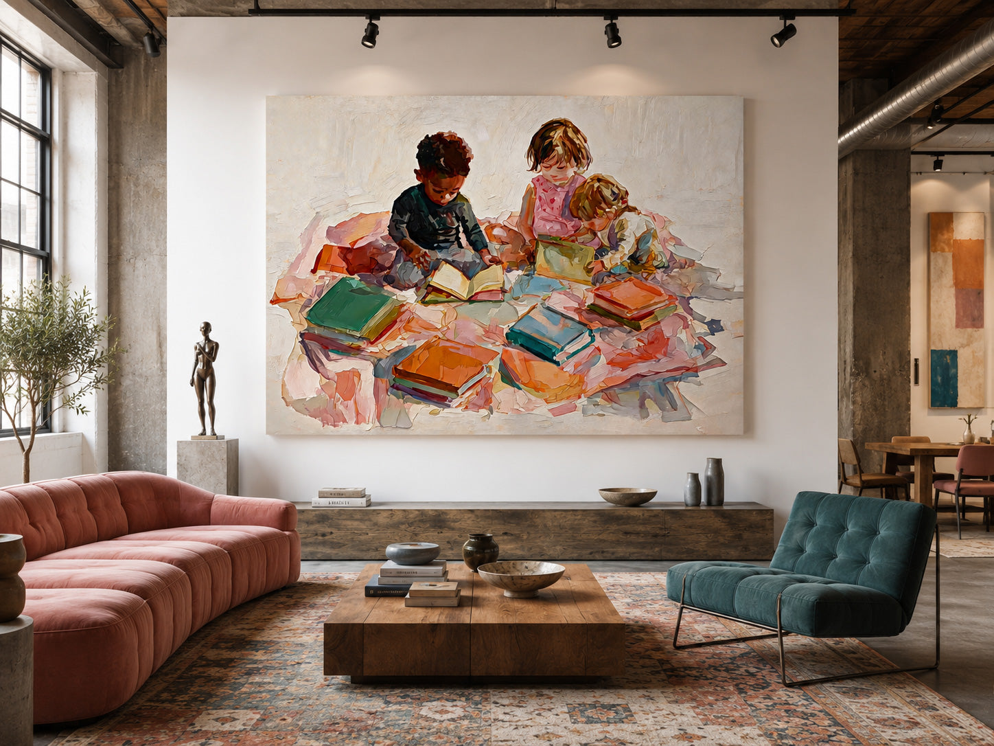 Modern Impressionist Oil Painting Of Kids Playing With Books