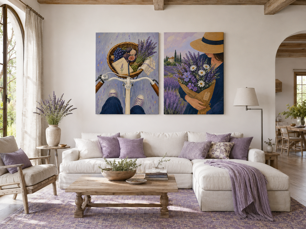 Lavender Field And Bicycle Hand-Painted Canvas Art Set With Figs