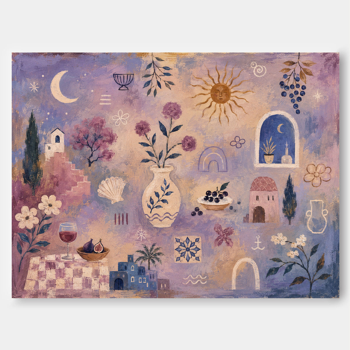 Mediterranean Abstract Canvas Painting With Sun Moon And Flowers