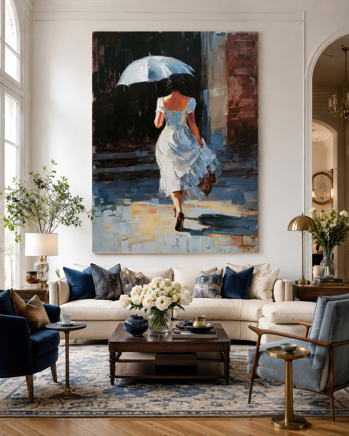 Woman With Umbrella Oil Painting Modern City Street Art For Living Room Decor