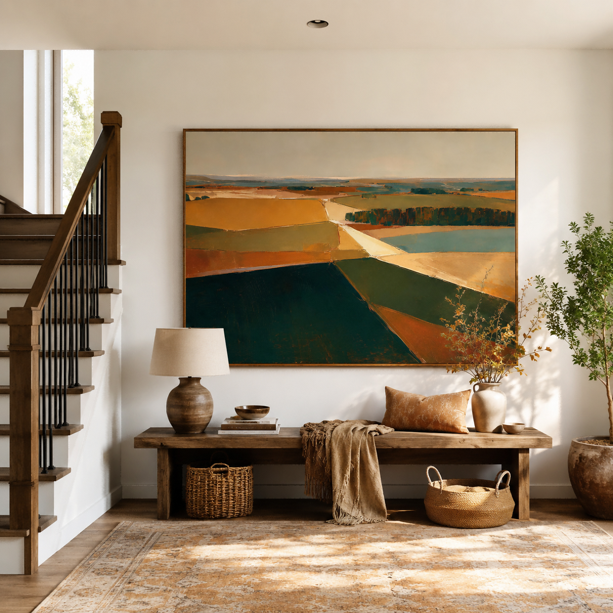 Modern Abstract Landscape Painting With Earth Tones For Living Room Decor