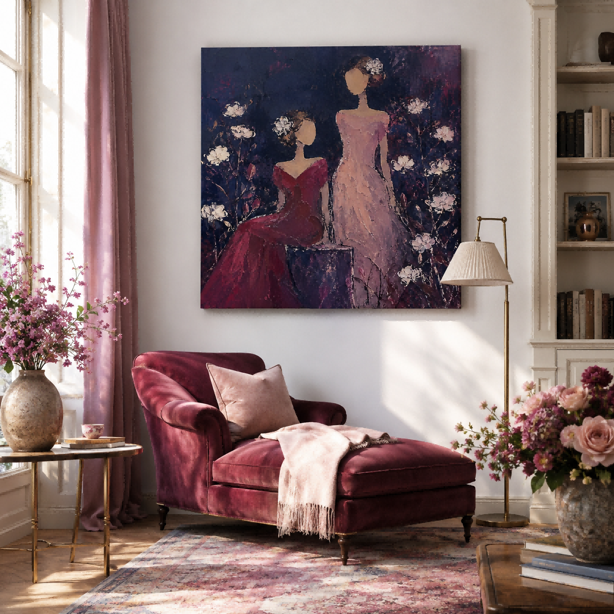 Vintage Faceless Women Painting With Flowers In Purple And Red For Bedroom Wall Art Decor