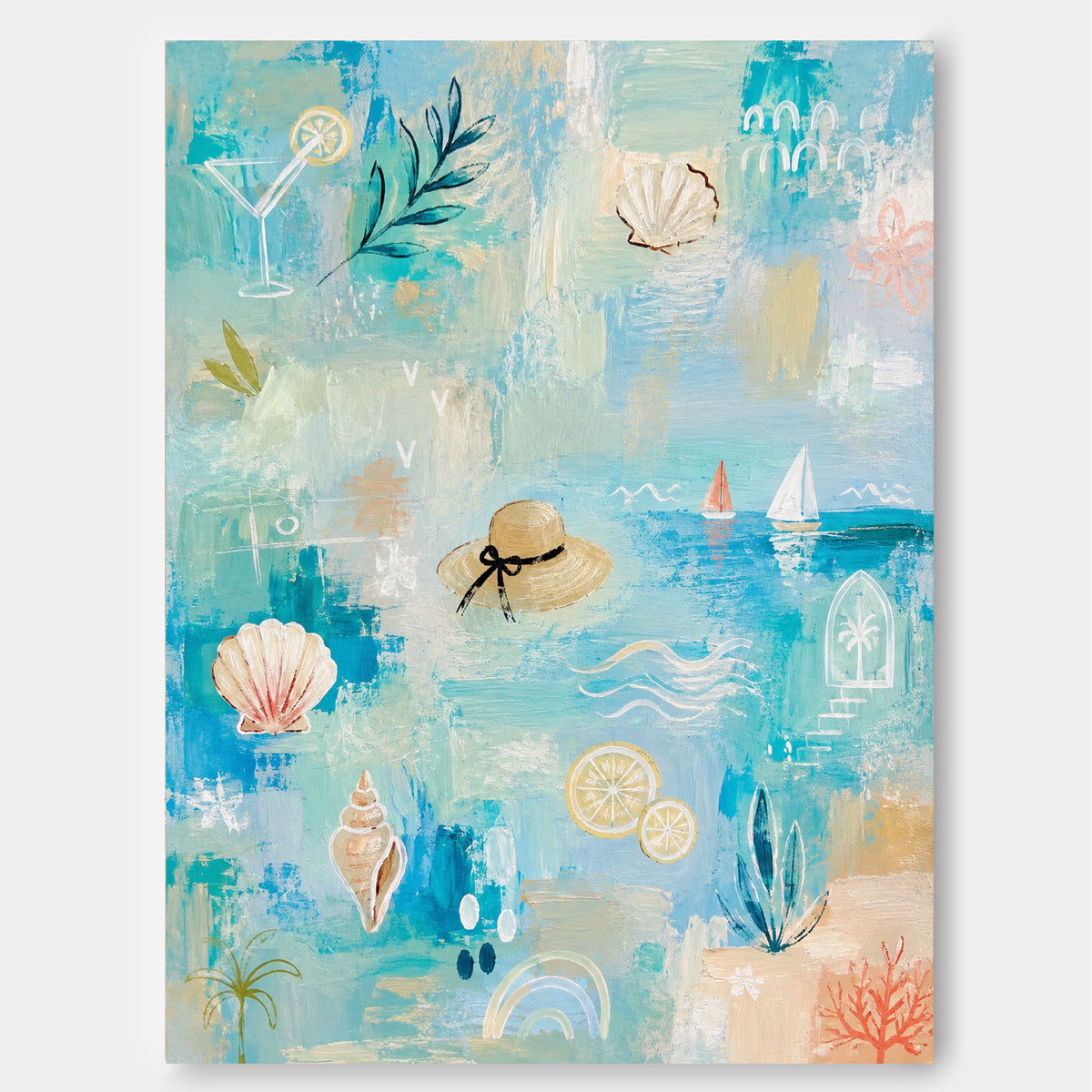 Seaside Abstract Canvas Painting With Shells And Sailboats For Beach Decor
