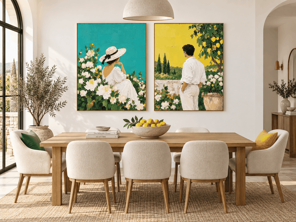 Hand-Painted Couple In Garden Canvas Art With Lemon Trees And Roses