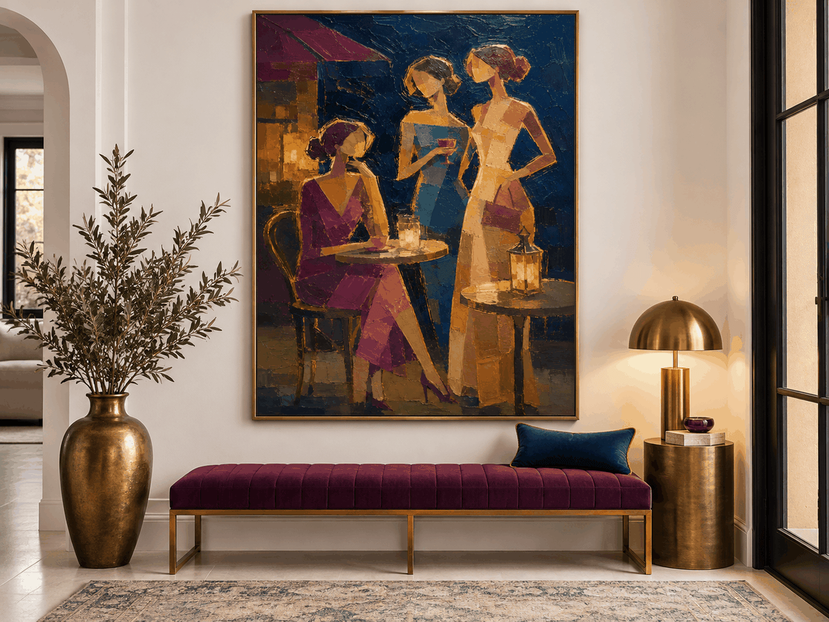 Vintage Women At Night Bar Hand-Painted Canvas Art In Blue And Gold