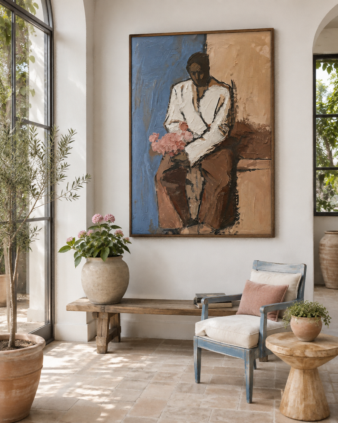 Expressive Figure Art With Thick Brushstrokes And Blue Brown Tones For Study Decor