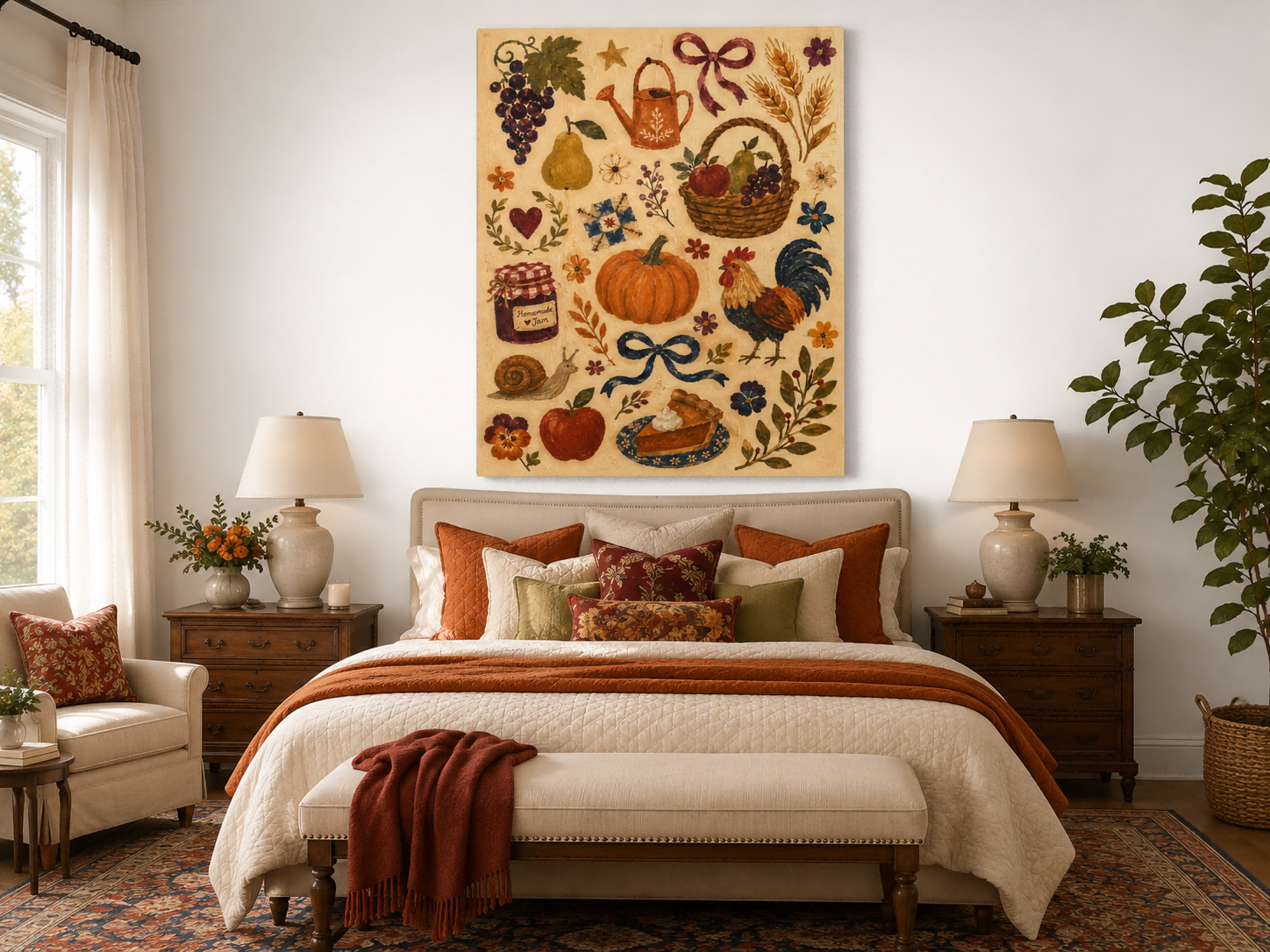 American Country Style Wall Art Vintage Collage Of Fruits And Flowers On Canvas
