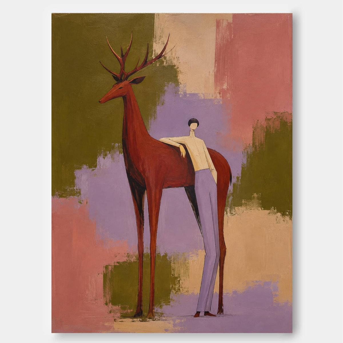 Abstract Man And Red Deer Canvas Painting Hand-Painted Wall Art
