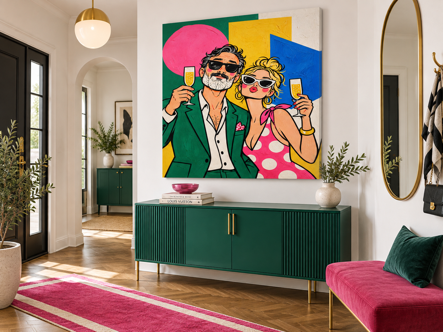 Stylish Couple Pop Art Canvas Painting With Champagne Glasses In Pink And Green