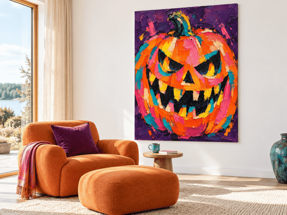 Hand-Painted Abstract Pumpkin Canvas Art With Bold Orange And Purple Colors
