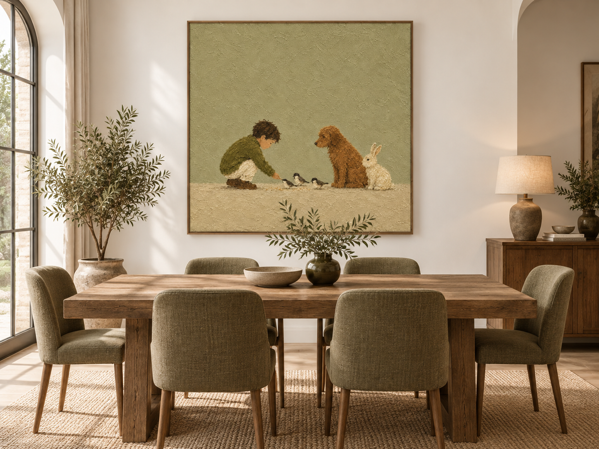 Modern Abstract Storytelling Art With Textured Olive Background