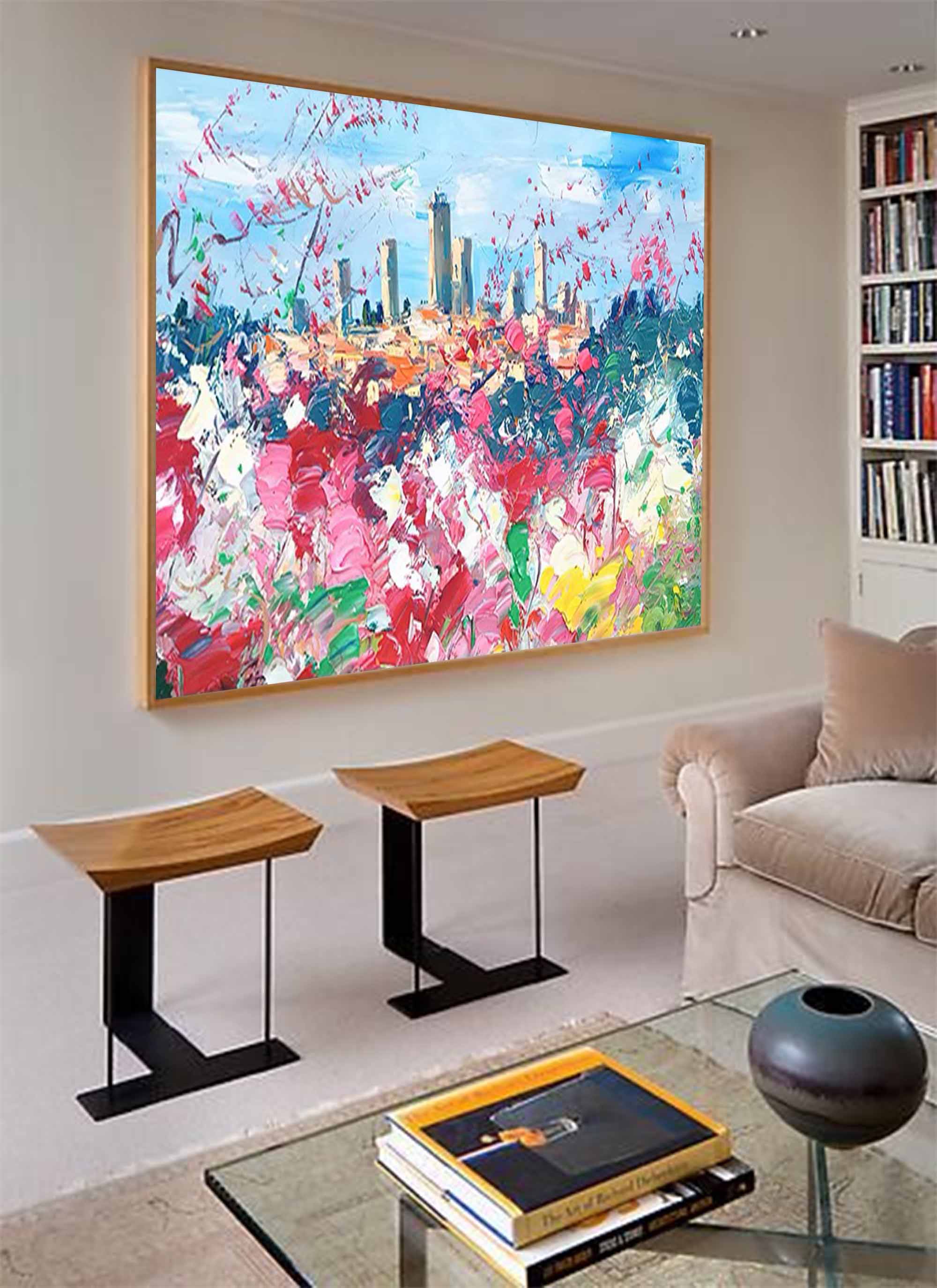 Modern Abstract Cityscape Oil Painting Large Flowers Texture Painting On Canvas Blue Pink Wall Art Living Room Decoration