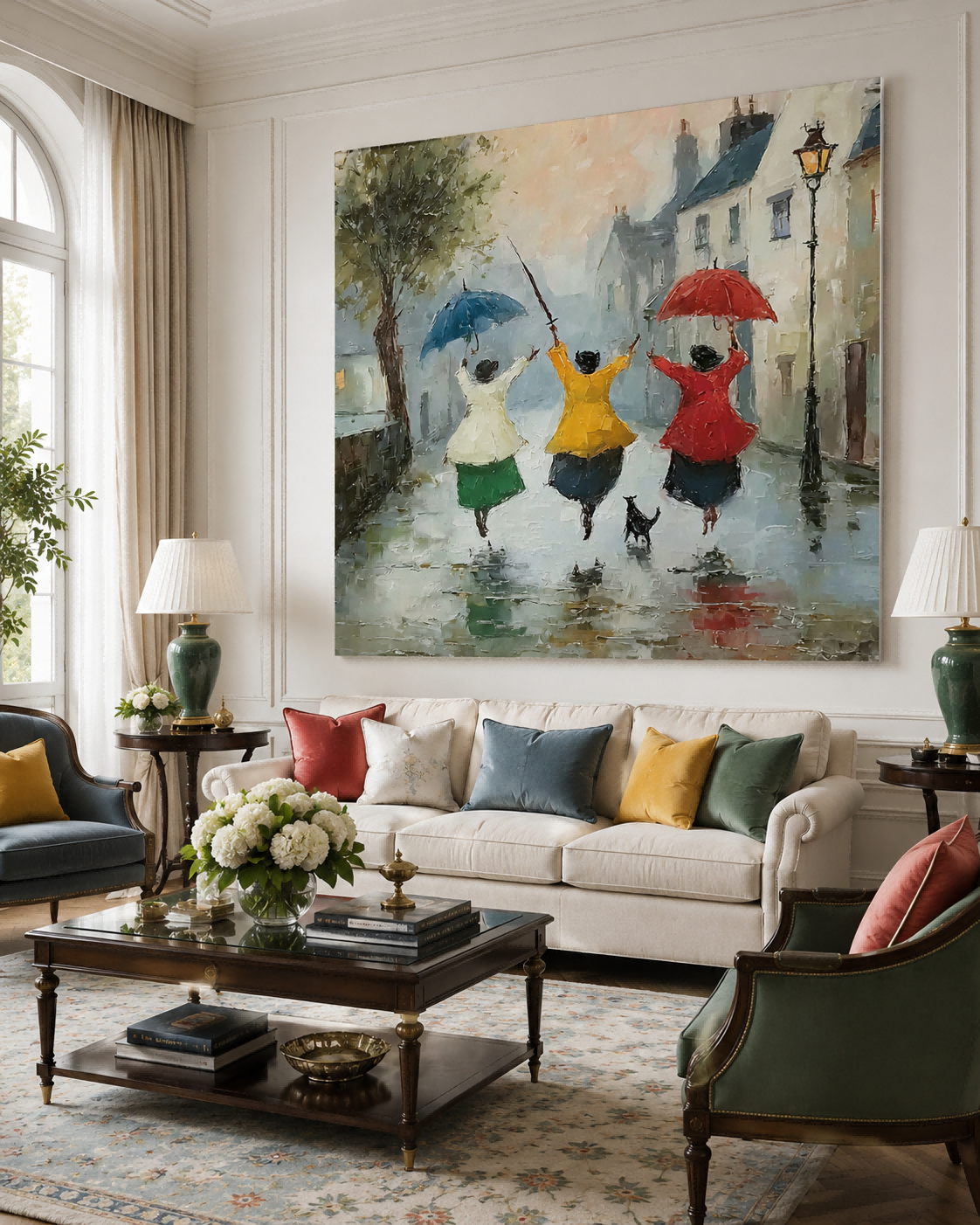 Impressionist Street Scene Oil Painting With Three Women In Rain For Modern Living Room Decor