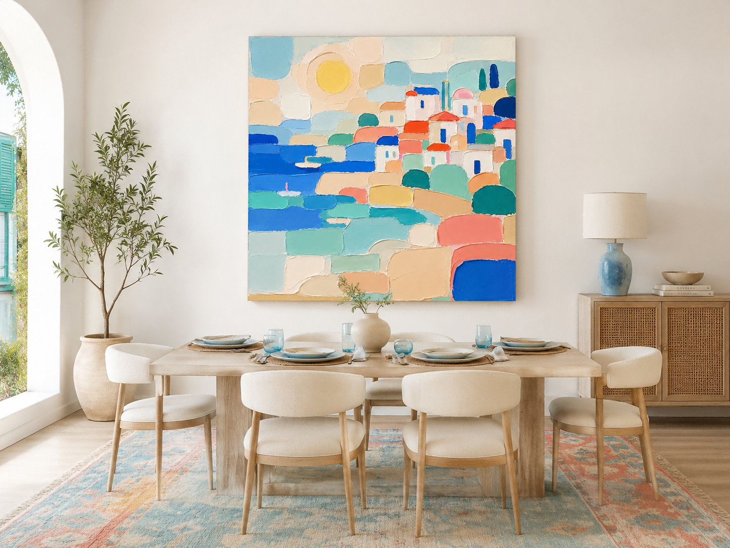 Abstract Mediterranean Town Seascape Hand-Painted Canvas Art With Blue And Orange Tones