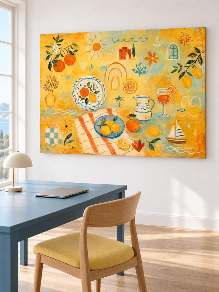 Hand-Painted Citrus Fruit And Sailboat Canvas Art With Warm Yellow Tones
