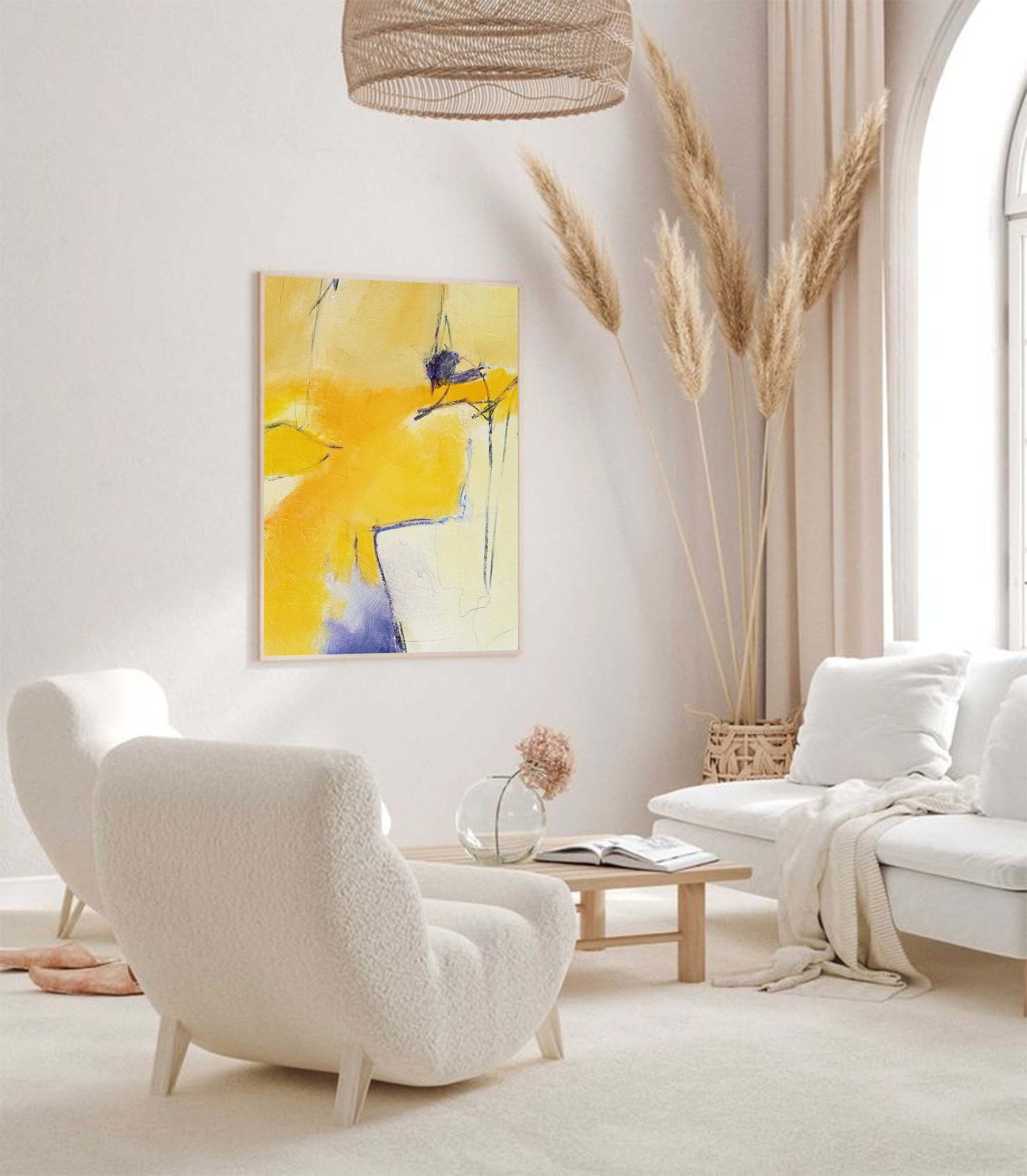 Large Yellow Abstract Canvas Wall Art Vertical Painting Modern Yellow Minimalist Wall Art For Livingroom