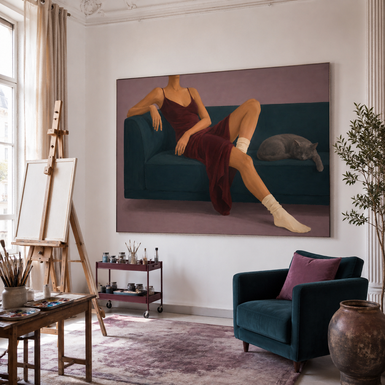 Modern Figurative Oil Painting Of Elegant Woman Resting With Pet At Home Woman And Cat On Sofa Hand-Painted Modern Canvas Art In Red And Teal