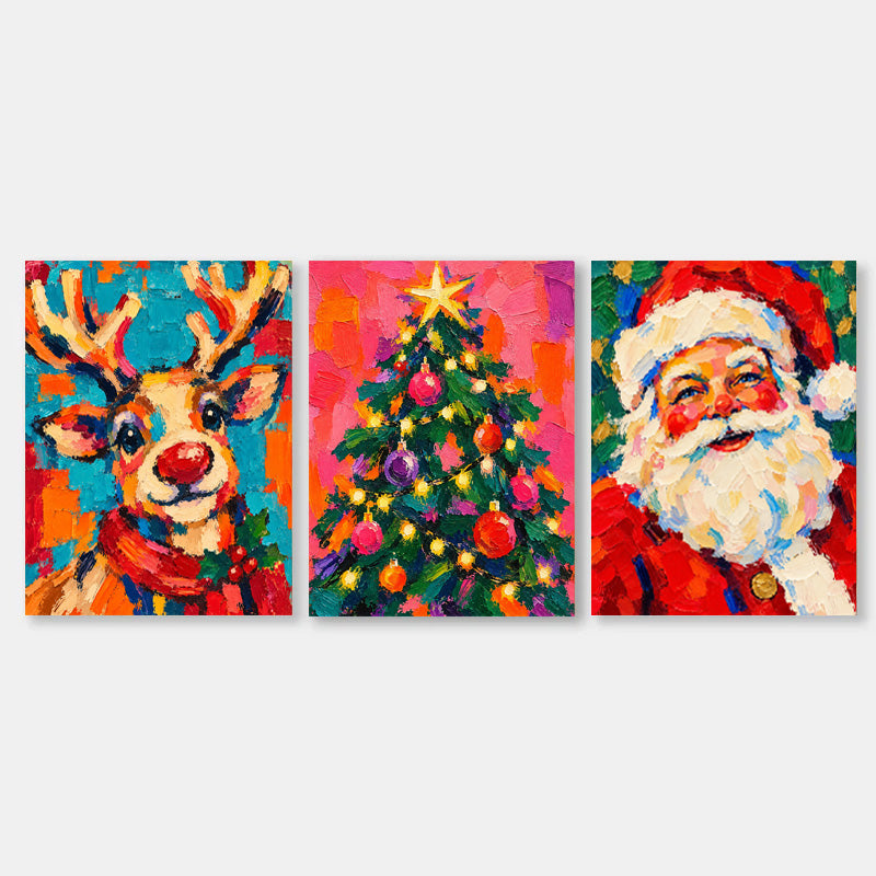 3P Hand-Painted Santa Reindeer Tree Christmas Canvas Art Set