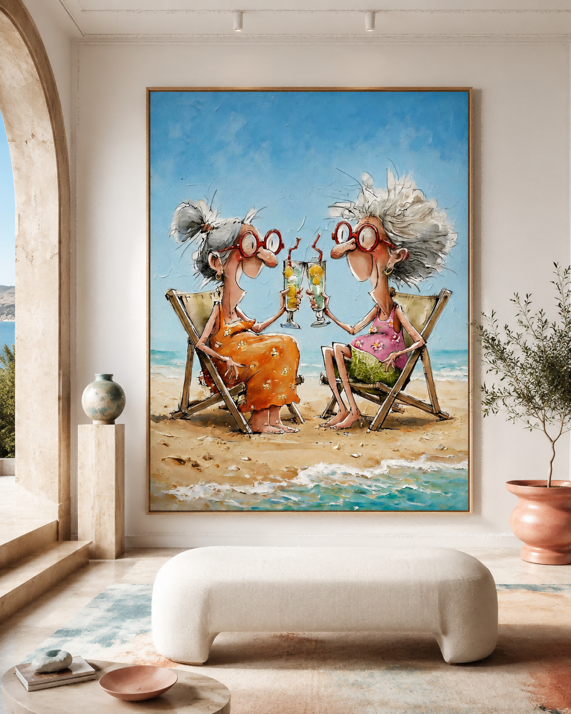 Colorful Illustrative Canvas Art Featuring Funny Seniors At The Beach In Orange And Pink