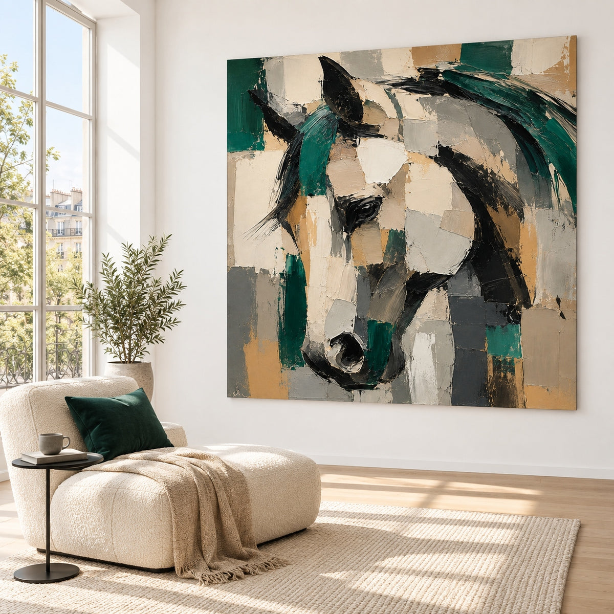 Abstract Geometric Horse Canvas Painting With Emerald Green And Beige Tones